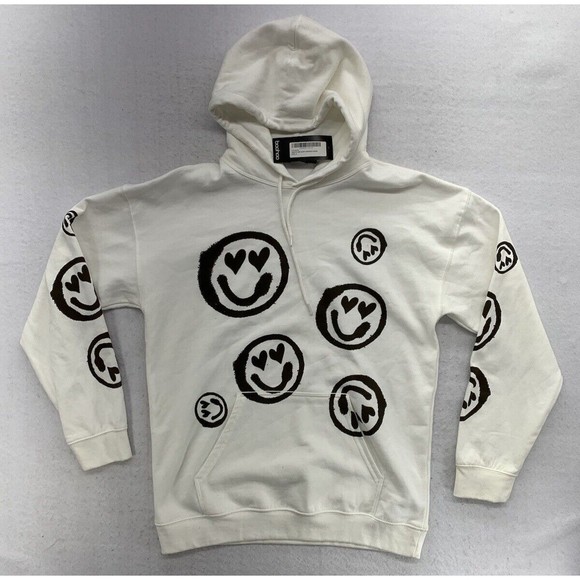 BooHoo Sweatshirt Hoodie Small Emoji Graffiti Drip Heart Face Oversize Ivory NWT - Picture 1 of 15